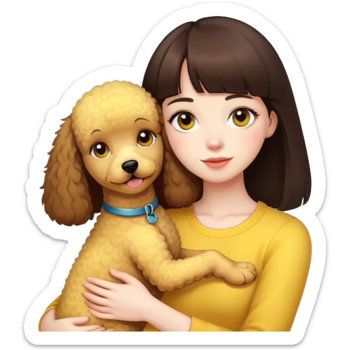Girl with pale skin and brown eyes and straight dark brown hair with bangs hugs a yellow poodle sticker