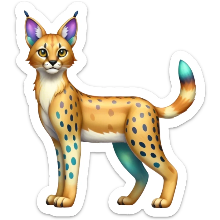 An iridescent transparent  colorful lynx-caracal-serval-fakemon-creature-hybrid full body sticker