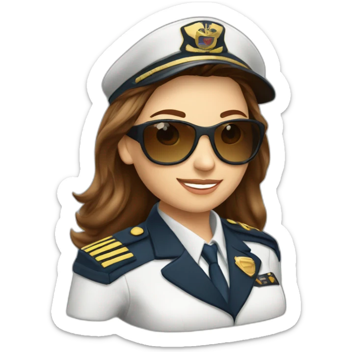 young long brown hair caucasian female airplane Captain with sun glasses and Captain cap sticker