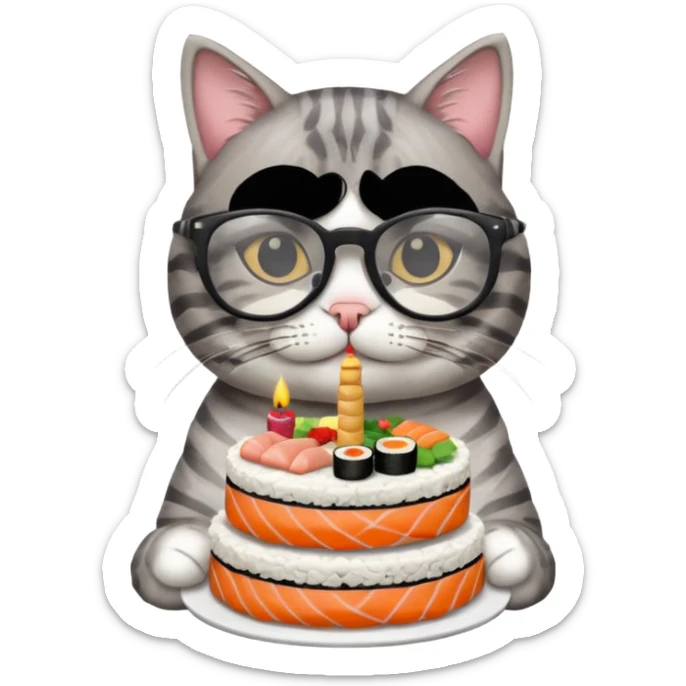 cat with cool glasses eating a birthday cake made out of sushi sticker