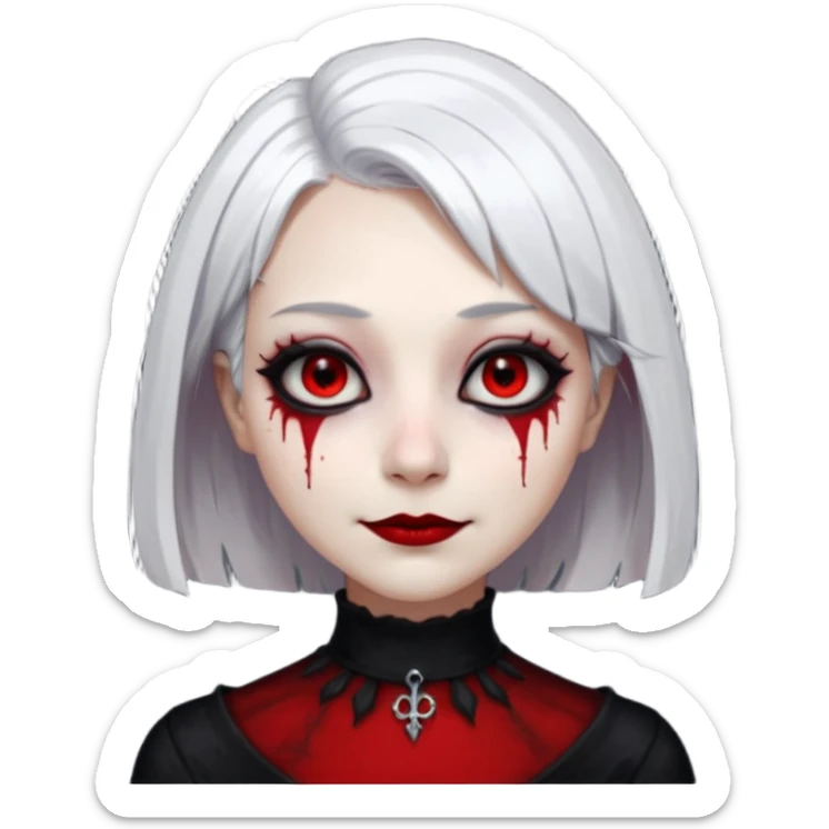 female, unnatural eye color with veiny eyes, sickly skin texture combined with an unnatural creepy smile, liminal setting that feels wrong, uncanny eerie art style, scary femme fatale, bob cut, mole under eye, white hair, red iris, black mascara, black eyeshadow, Gothic white skin, sticker