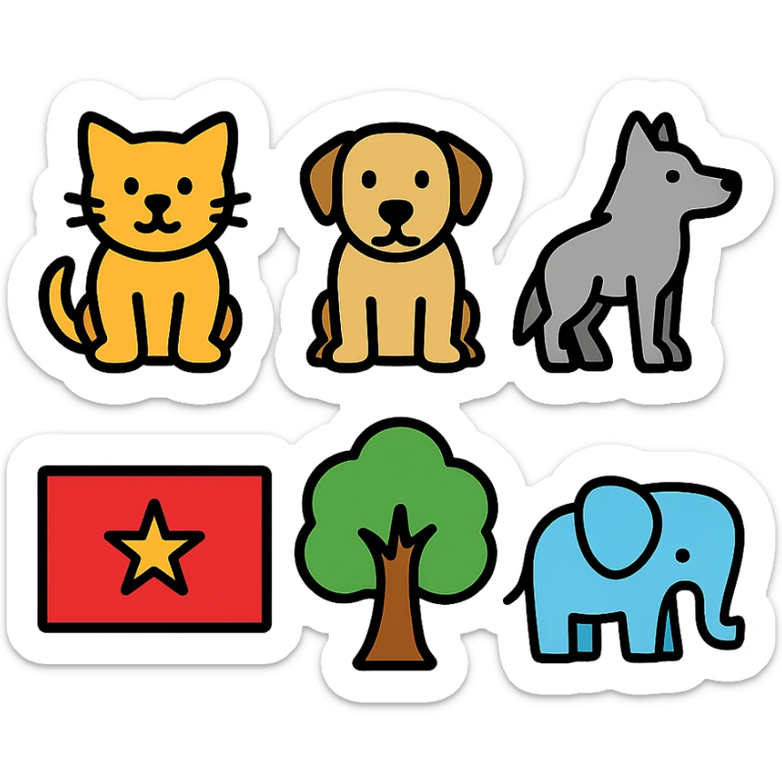 cat, dog, wolf, Vietnam flag, tree, elephant, and a glass all together in lineal color icon with black outlines style sticker