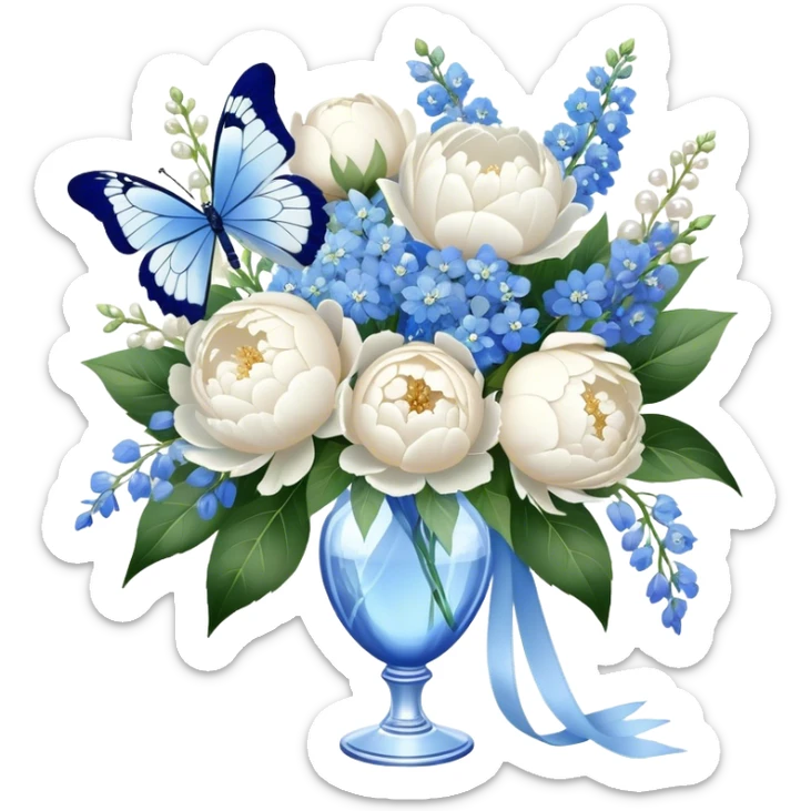A crystal vase filled with a lush bouquet of white peonies and pale blue delphiniums sits atop a lace-covered table. A sheer ivory ribbon cascades down the side, intertwining with pearl beads, while a delicate blue butterfly flutters just above the petals sticker