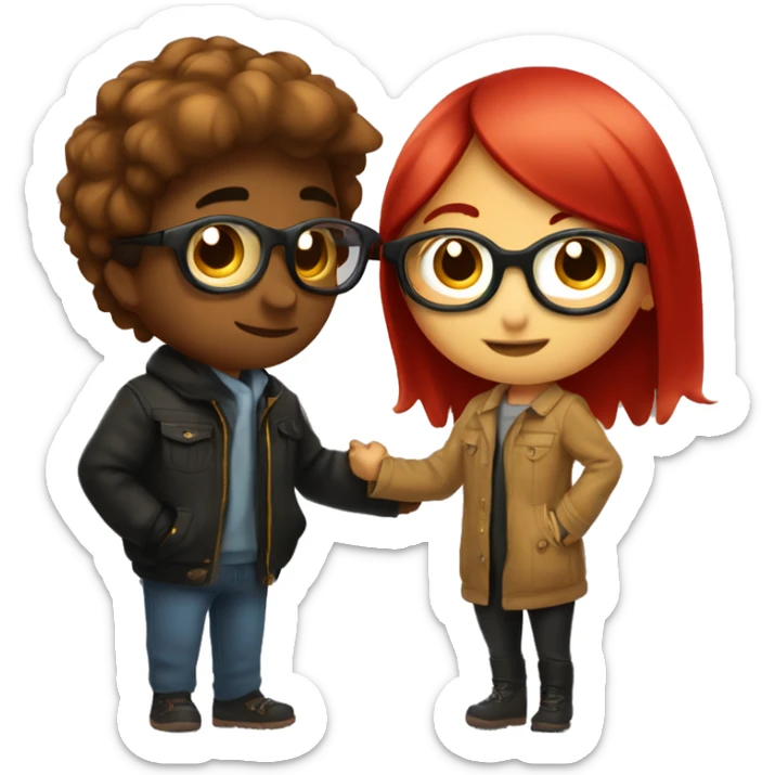 girl with black and red-tainted hair and circular golden glasses kissing boy with mi-long brown hair wearing costume jacket sticker