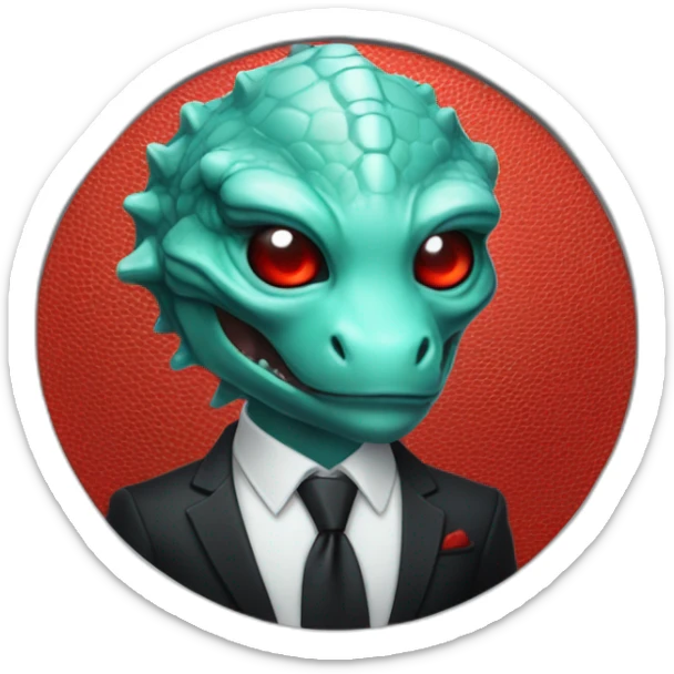 Aquamarine reptilian in classic black suite with red laser eyes on the middle of platinum coin sticker