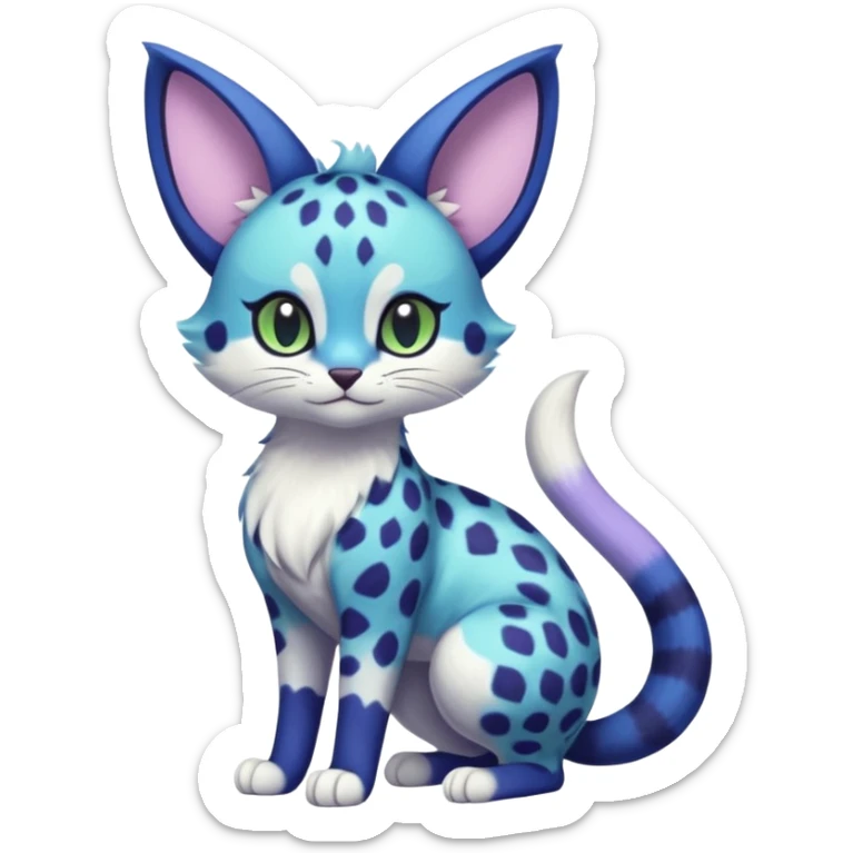 Exotic tropical shiny cute realistic Cobalt-Blue green purple black white Purloin-Meowstic-Minccino-Cinccino-cheetah-Skitty-Delcatty-serval-furret-Noibat-caracal-fusion-hybrid-creature (full body) sticker