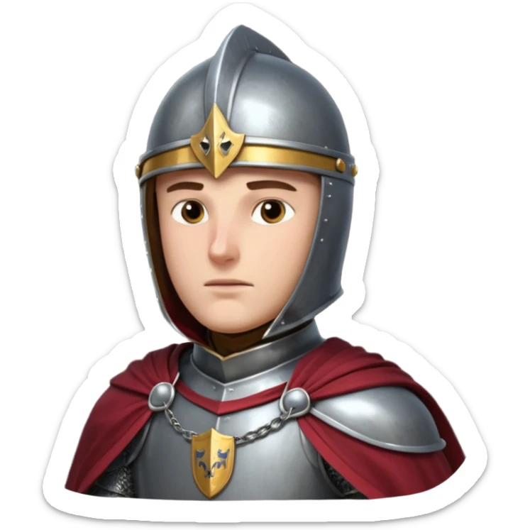 medieval knight horse rider portrait, head and shoulders only, polished steel armor collar, royal cape clasp, helmet partially visible, intense heroic eyes, fantasy medieval vibe, dramatic lighting, 3D cartoon, mobile game icon style, clean background, no text, no watermark
 sticker