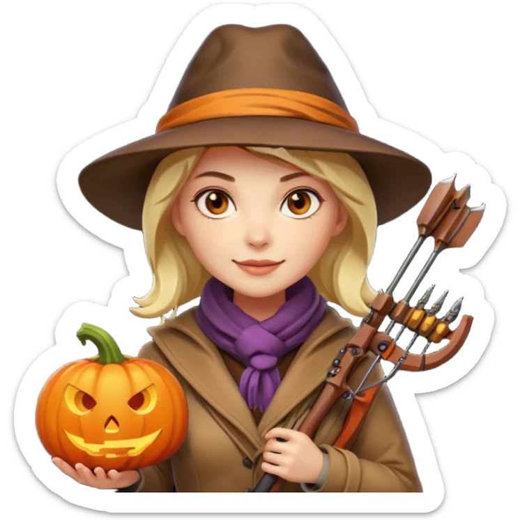 female human monster hunter emoji, wearing brown coat and hat, holding crossbow, soft smile, scarf, glowing pumpkin by her side, Halloween fantasy style, clean vector Apple emoji look, bright colors, white background, square sticker