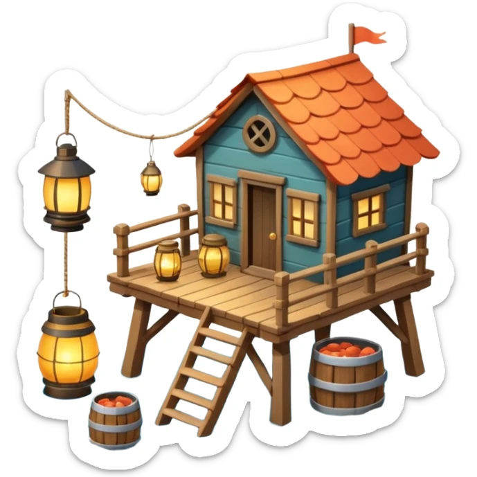 
fisherman house on a wooden pier, small dock, fishing nets hanging, barrels, lantern, ocean vibe, 3D cartoon, cute mobile game icon, clean background, no text
 sticker