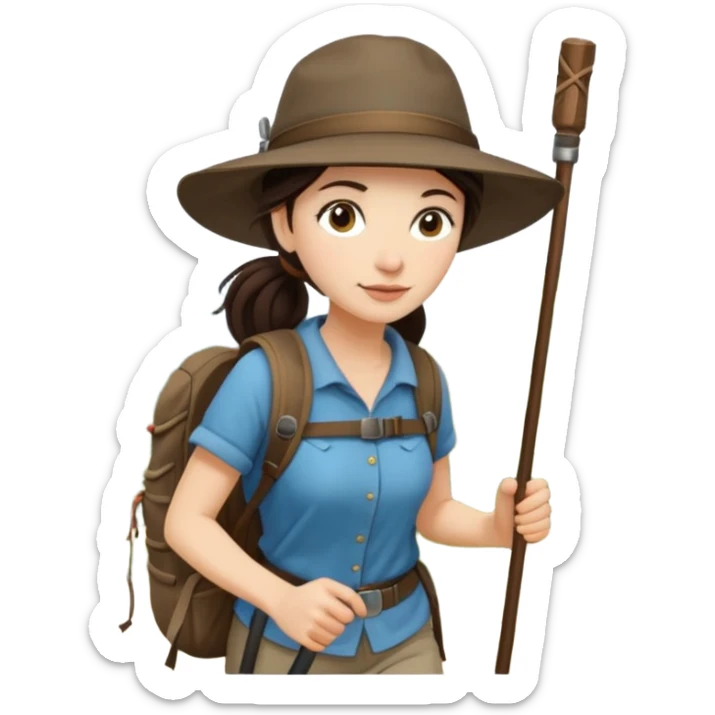White women, long dark brown hair in ponytail with wide brim hiking hat. Walking with backpack and trekking poles.  She is a pilgrim on the Camino Frances on her way to Santiago de Compostela sticker