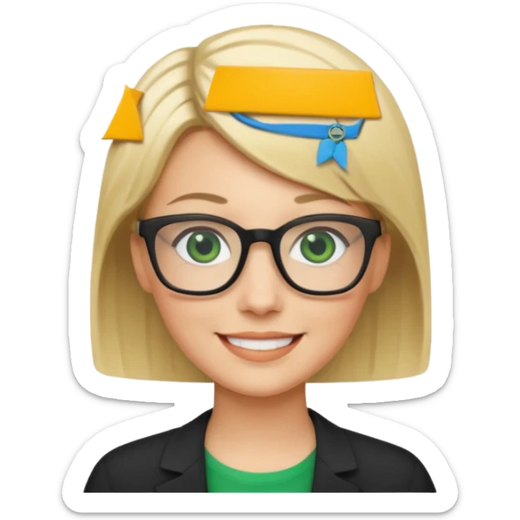 blonde teacher with short hair and green eyes and black glasses smiling sticker