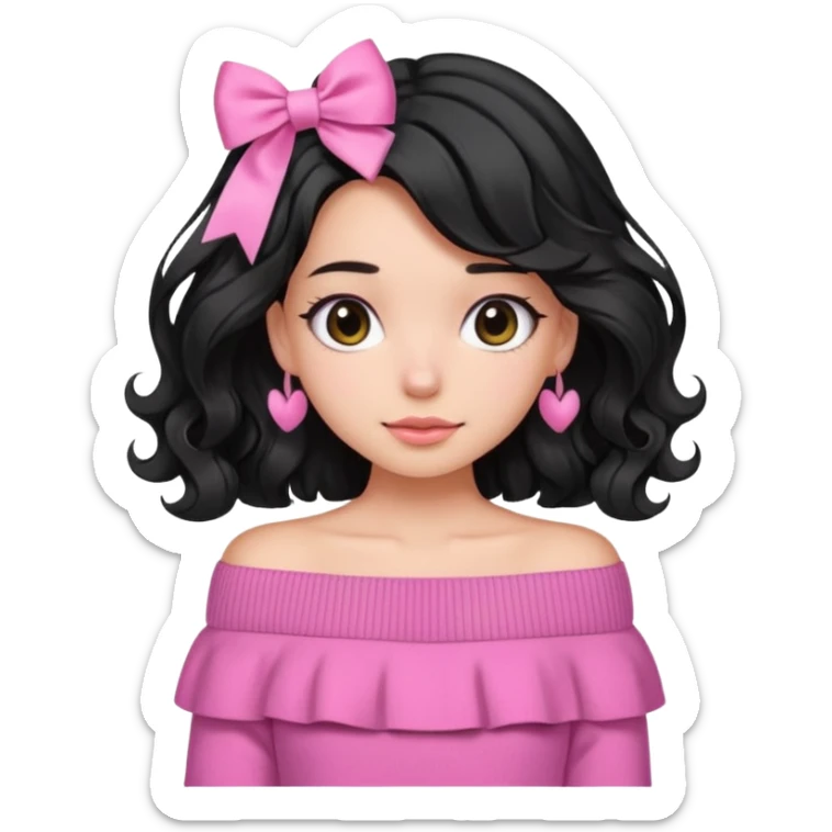 Girl with black wavy not so long hair and a ribbon hair clip beside it make it look like wearing a pink off shoulder sweater sticker