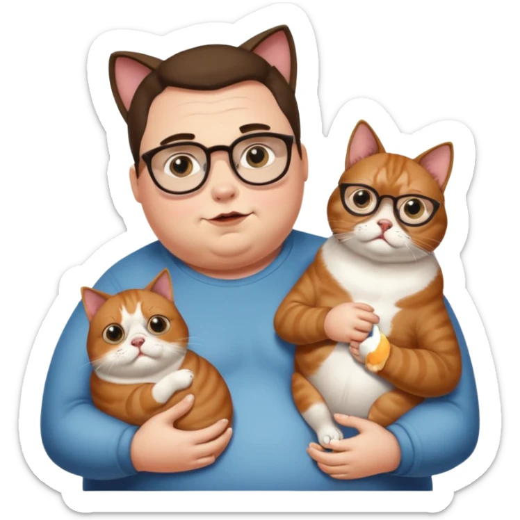 Obese person eating beans and dogs with massive eyes and a pet on their shoulder sticker