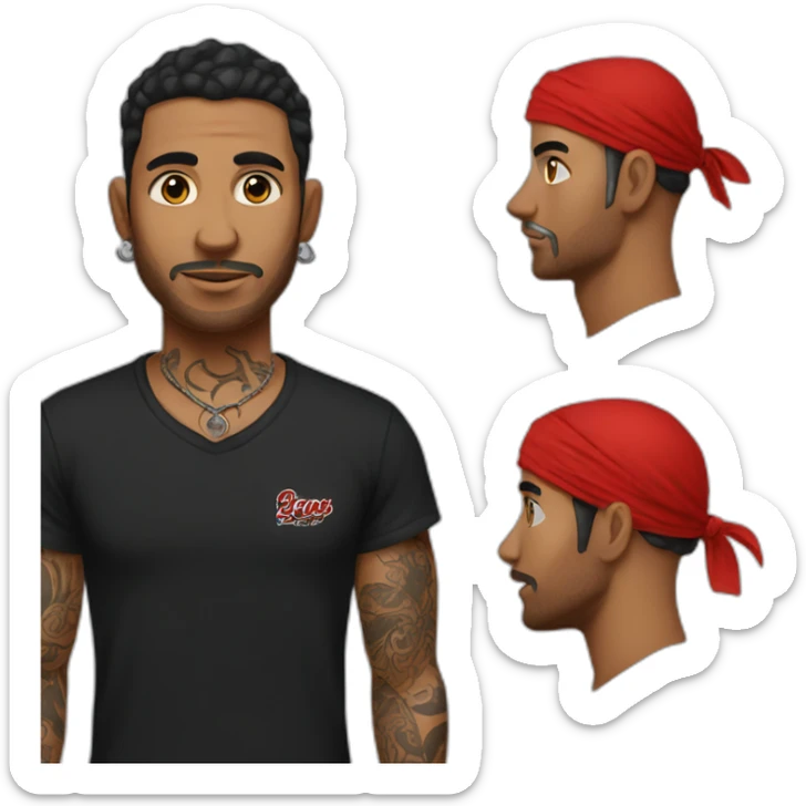 A man with tattoos in a black T-shirt and a red bandana sticker