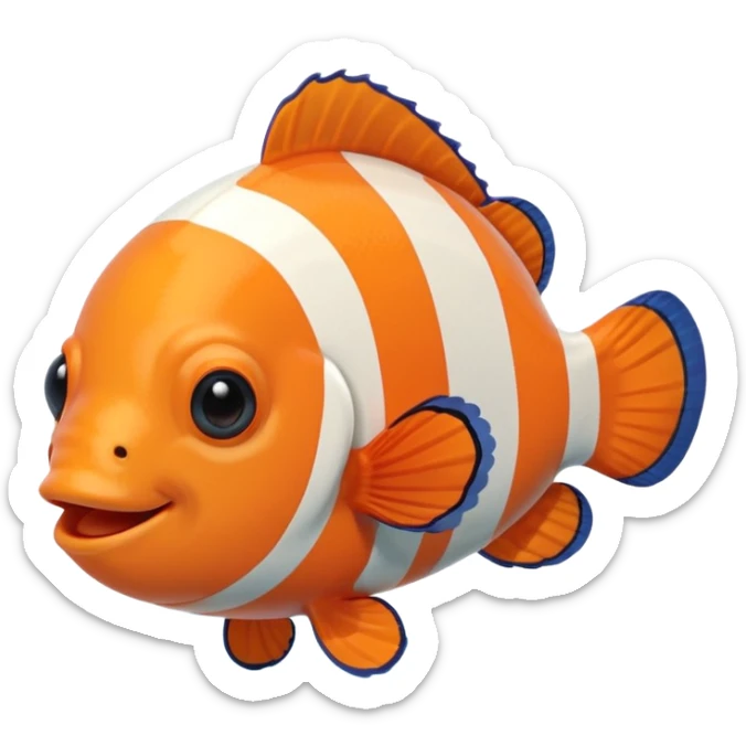 Full body of a clownfish with bright orange and white striped body, small fins, rounded tail, big black eyes, smiling expression, cartoon style, floating in water, front-facing sticker
