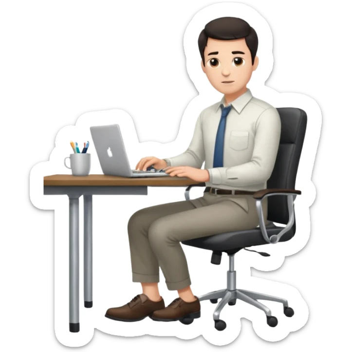 Rich man sitting on a office chair, working at desk, looking to laptop in shirt, dark hair, he is german very beautiful looks like, full body view sticker