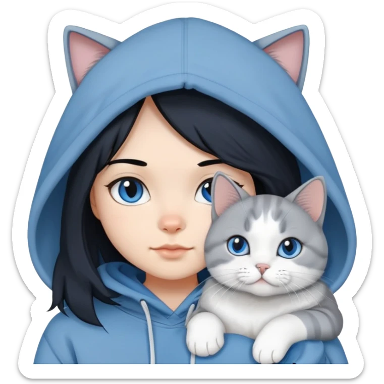 Girl with black hair in gray hoodie with a British shorthair blue and white cat and a long-haired blue and white cat sticker