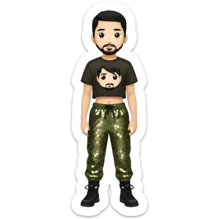 Mike Shinoda with black hair, black sequin crop top, olive sequin baggy pants sticker