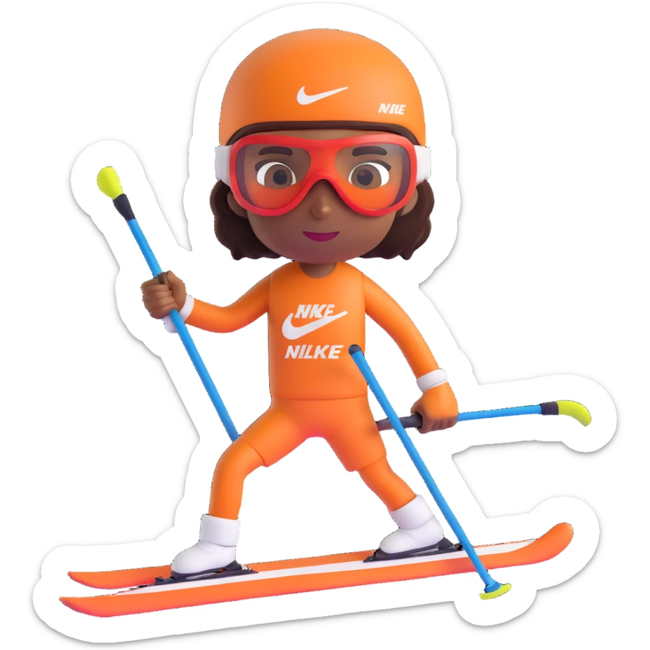 brown-skinned skier with Nike branding, visible arm tattoos, ski goggles, in a modern 3D emoji style sticker