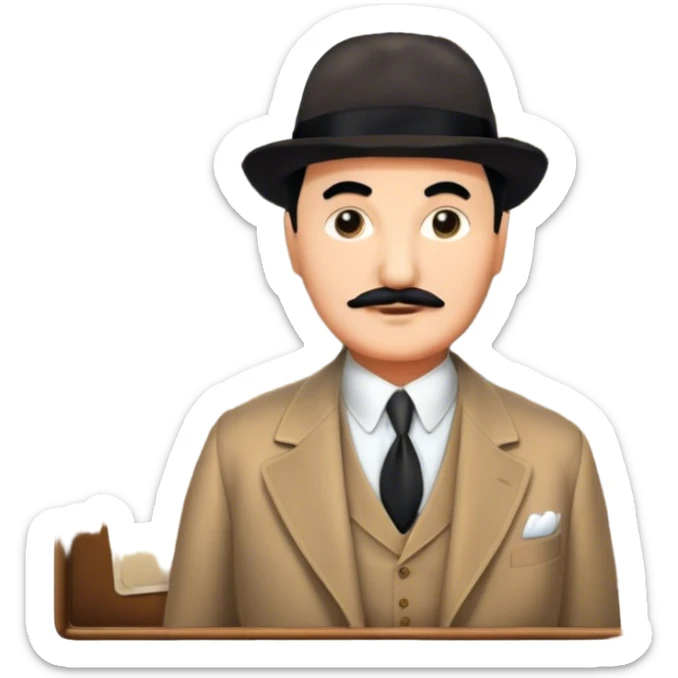 Icon for Detective Movies: A colorful collage with Hercule Poirot and mysterious city backdrop. Include a board with photos of suspects, clues like fingerprints and a crime scene. Retro movie poster style. Transparent background. sticker
