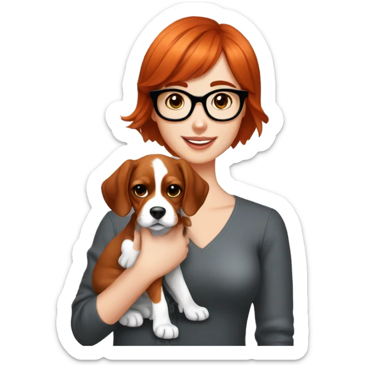 red-haired girl with bangs and short hair and black glasses presenting a Blenheim Cavalier puppy sticker