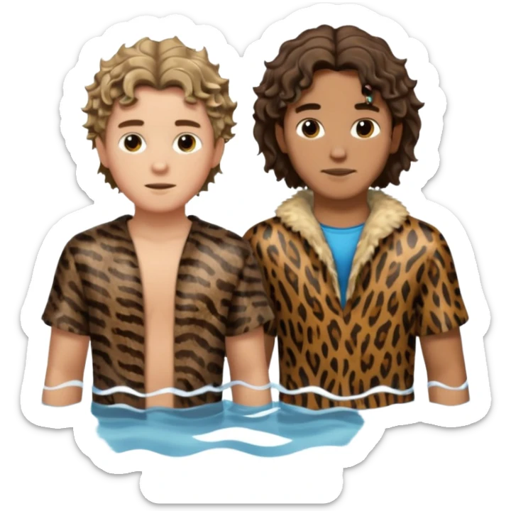two young men, one with wavy hair and animal skin clothes (John), the other with short hair (Jesus), meeting in water, both clothed sticker