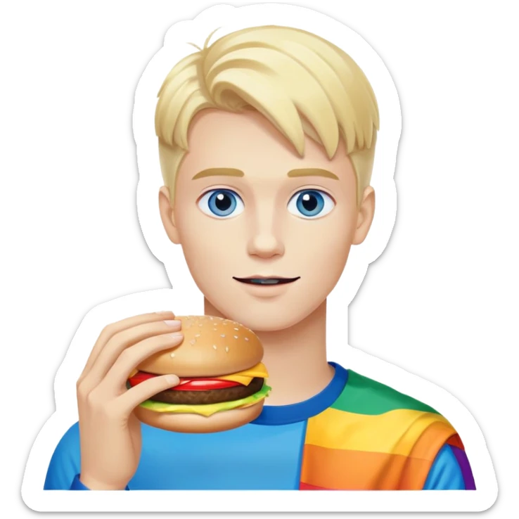 Young blonde man with white skin and blue eyes from LGBT community eating McDonald's hamburger, pride flag colors sticker