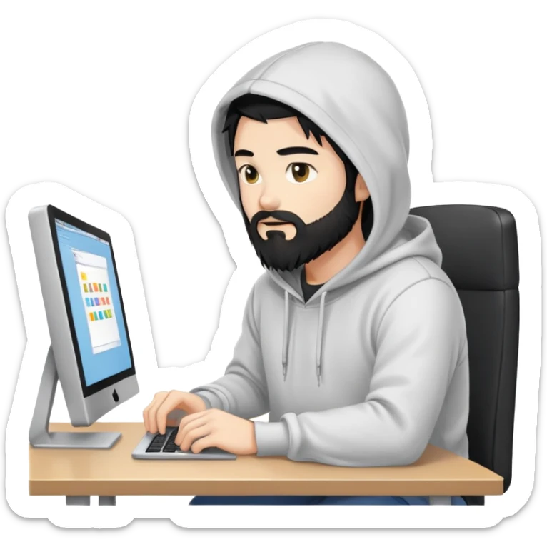 male coder with black hair, beard, and white skin, wearing a hoodie, sitting in front of a computer, focused on coding sticker