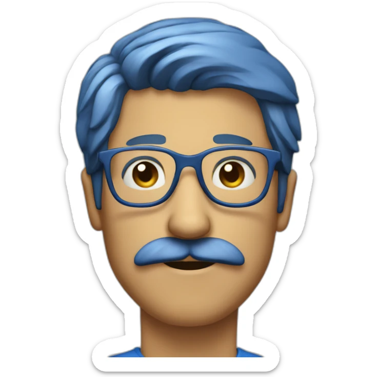 man He has a mustache Wearing glasses His hair is short His clothes are blue  sticker
