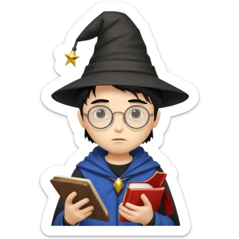 ["A sad boy with light skin, straight hair, wearing a wizard hat and round glasses, dressed in punk fashion, is reading a book while holding a phone."] sticker