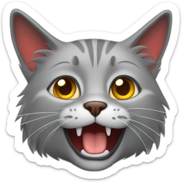 gray cat with alot of hair and red noes sticker