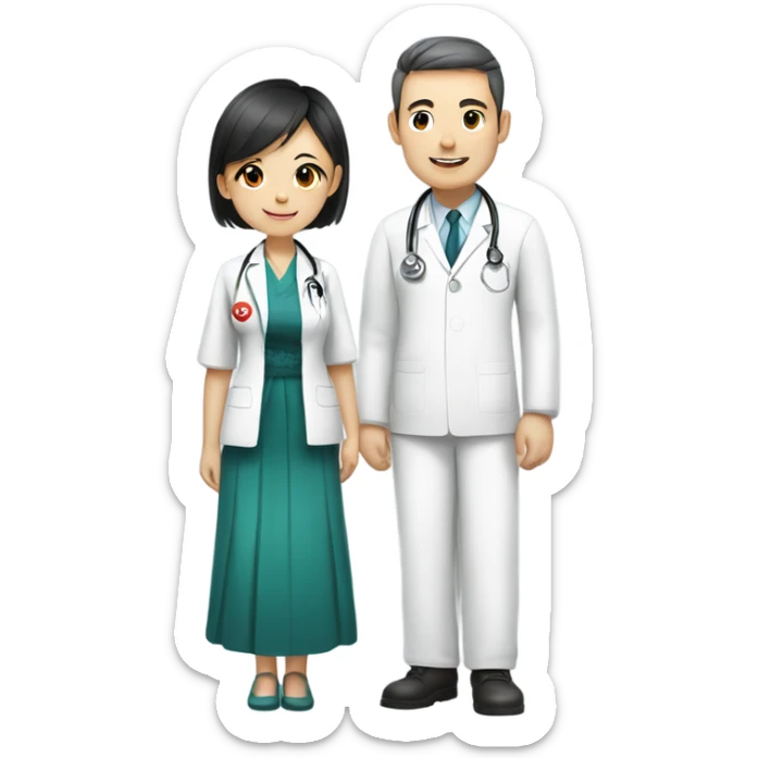 A Chinese girl in QiPao dress   saying thank you to a male doctor in white Dr uniform sticker