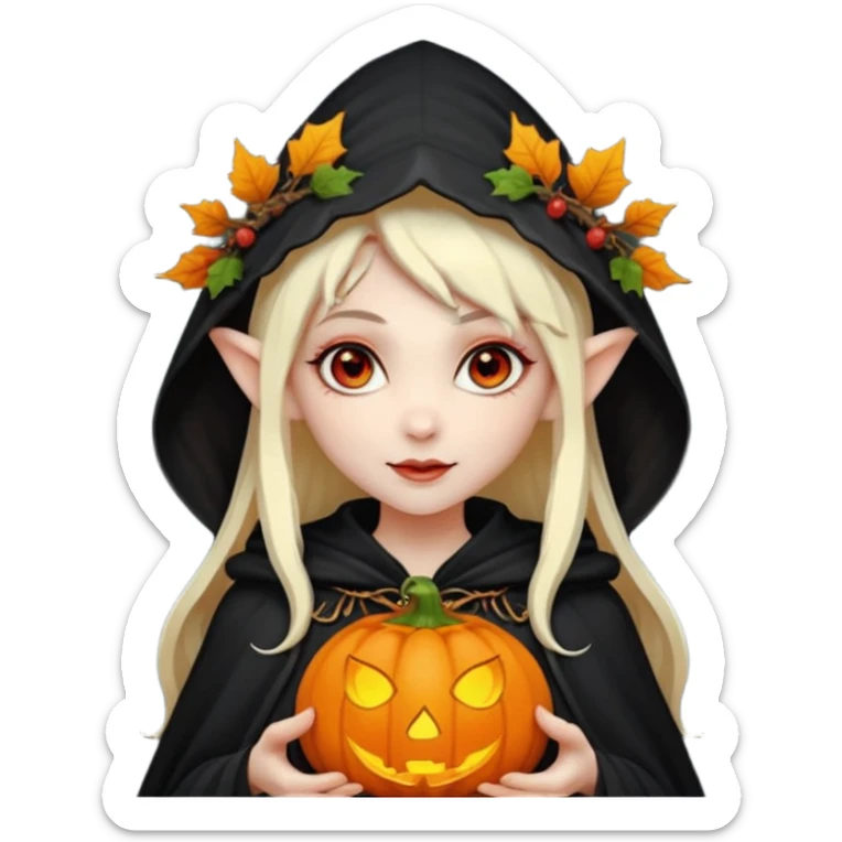 female elf vampire emoji, pale skin, red eyes, elegant face, autumn leaf and pumpkin wreath on head, black hooded cloak with cobweb details, holding small glowing pumpkin lantern, Halloween fantasy theme, Apple emoji style, clean white background, square sticker