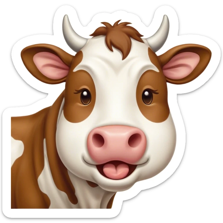 Cinematic Cute Yawning Brown and White Cow Portrait Emoji, Head tilted slightly with a dramatic, wide-open yawn, showcasing a smooth, patterned hide of brown and white, floppy ears slightly drooping, round brown eyes barely open in drowsy contentment, Simplified yet irresistibly adorable features, highly detailed, glowing with a soft, cozy glow, high shine, relaxed yet expressive, stylized with a touch of pastoral whimsy, bright and endearing, soft glowing outline, capturing the essence of a sleepy yet affectionate cow, so drowsy it feels like it could amble out of the screen and curl up for a nap! sticker