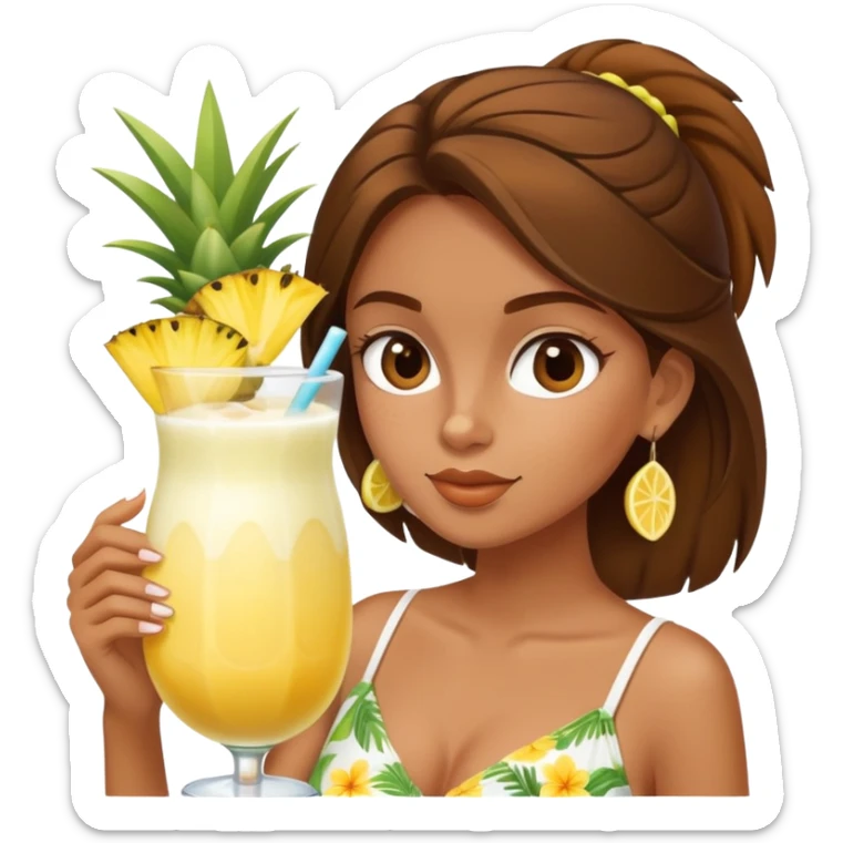 Very tan skinned girl with brown hair wearing a summer outfit sipping a piña colada sticker