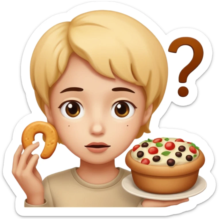 Draw an emoji where a person thinks with a question mark in front of food (draw it in a cuter way) sticker