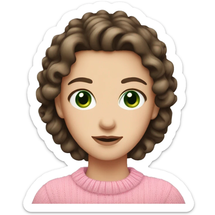 White girl with dark brown curled hair and green eyes and a pink sweater sticker