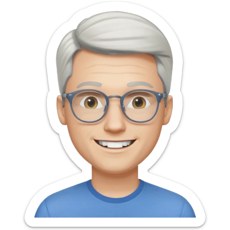 30 yr old pale white man, white/grey side swept stylish hair, round glasses, big smile, white teeth, handsome, longer hair, thin glasses, blue  shirt sticker