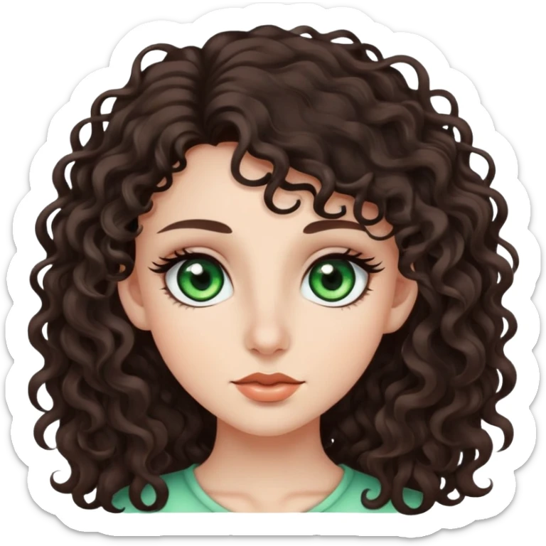 girl with green eyes, long dark brown curly hair, big nose, and long eye lashes sticker