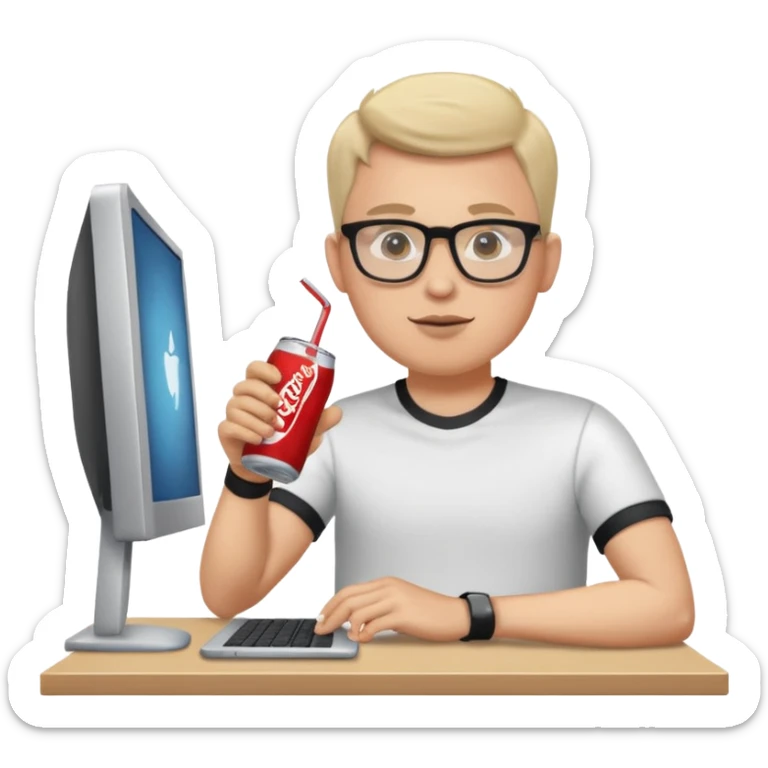 Hombre blanco con gafas tomando un refresco frente a un ordenador con ropa de deorte sticker