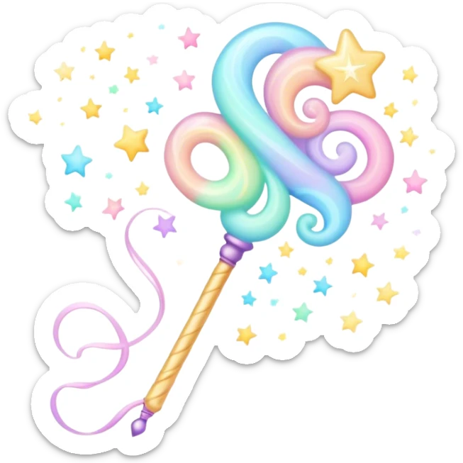 Cinematic cute magical wand, pastel swirls of color, tiny twinkling stars floating around, glowing softly, chubby rounded edges, whimsical and dreamy. sticker