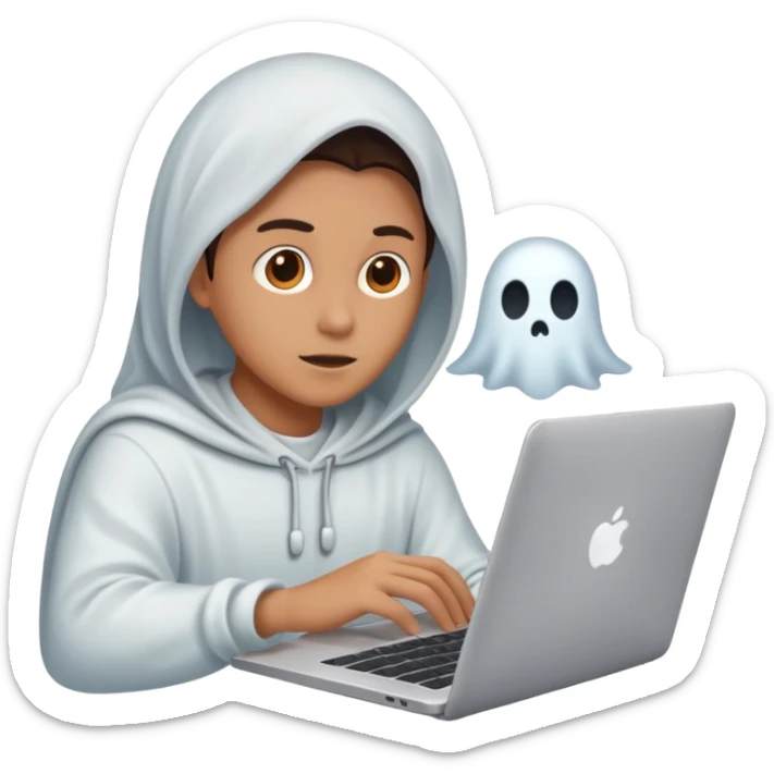 Create an emoji where an ungender person sits in front of the desk, designing ghost characters on laptop. Please refer to the attached image for ghost characters. sticker