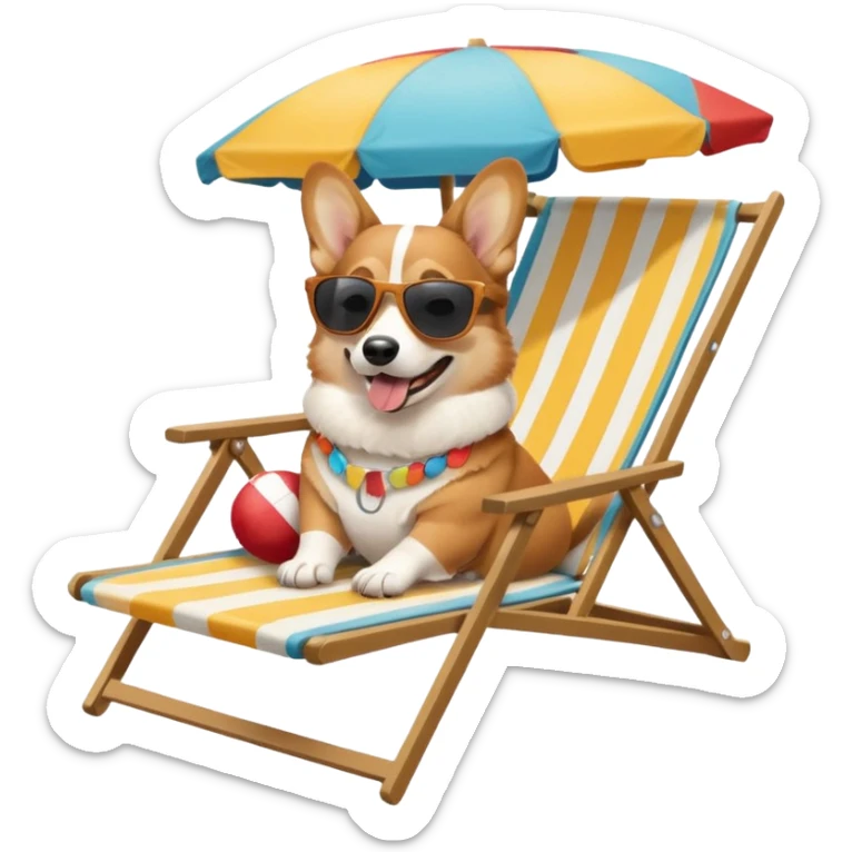 a corgi dog laied on a beach chair, a sunny beach, a sun umbrella, and beach coconut trees. the icon should capture the essence of a relaxing beach vacation with a carefree atmosphere sticker