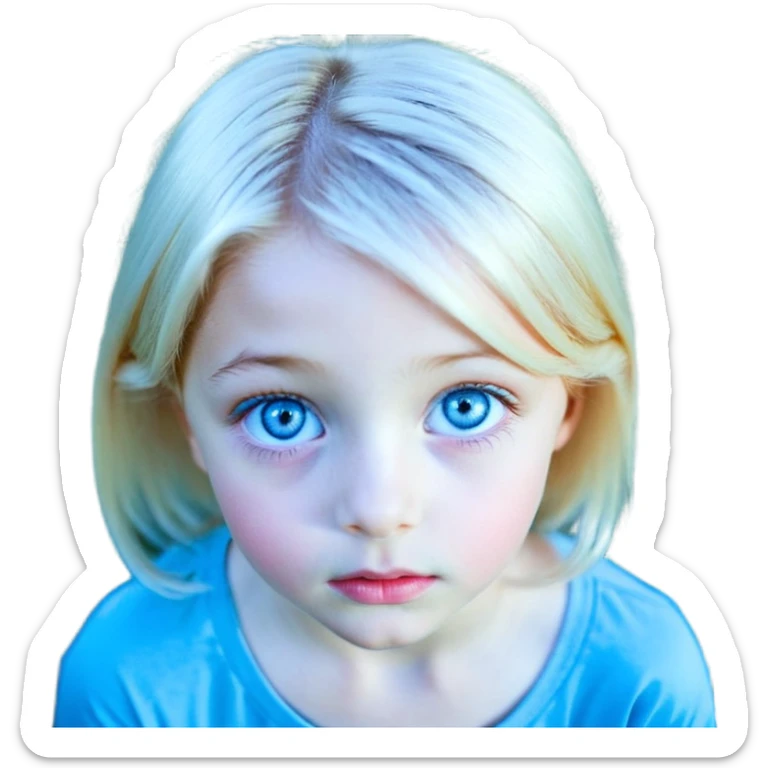 Bonnie Blue Porträt einer jungen Frau mit ovalem Gesicht, großen hellblauen Augen, langen Wimpern und geschwungenen Augenbrauen. Gerade, feine Nase und volle Lippen mit sichtbarem Lächeln. Glatte, leicht gebräunte Haut mit natürlichem Glow. Schulterlanges, blondes Haar mit Locken und Mittelscheitel sticker