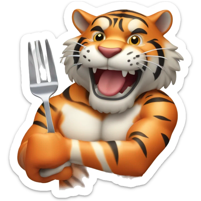 a muscular grinning tiger holding a fork poking into a fillet of salmon with the tip of its paws sticker