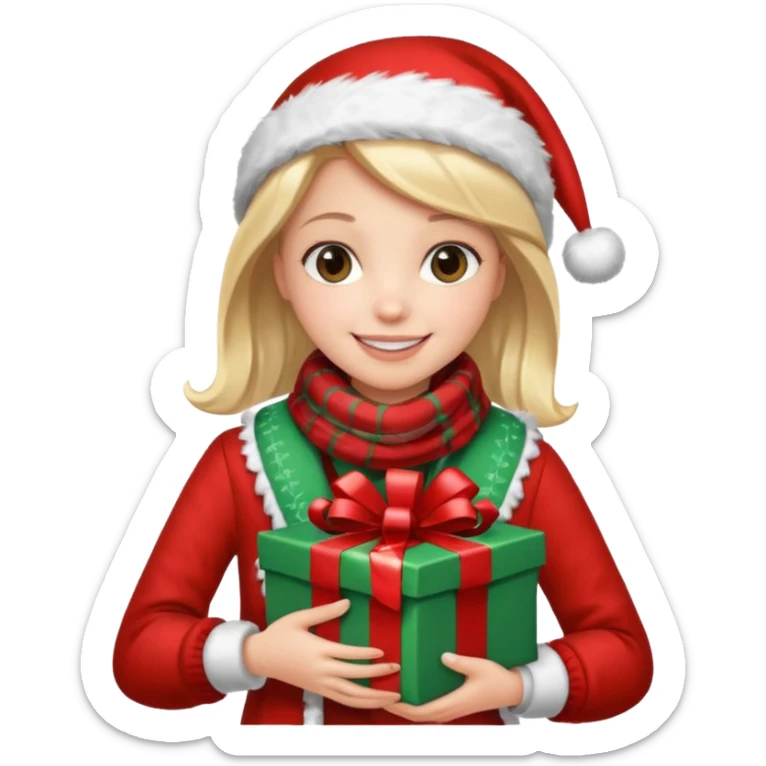 a girl wearing a chirstmas jacket and scarf and holding a christmas gift sticker