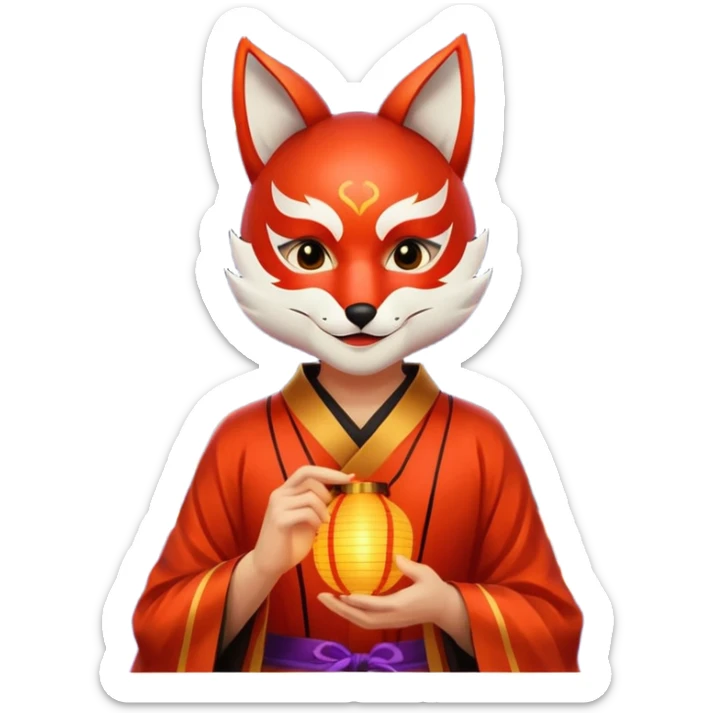 kitsune mask, worn by a festival performer at night, paper lanterns in background, colorful bokeh lights sticker