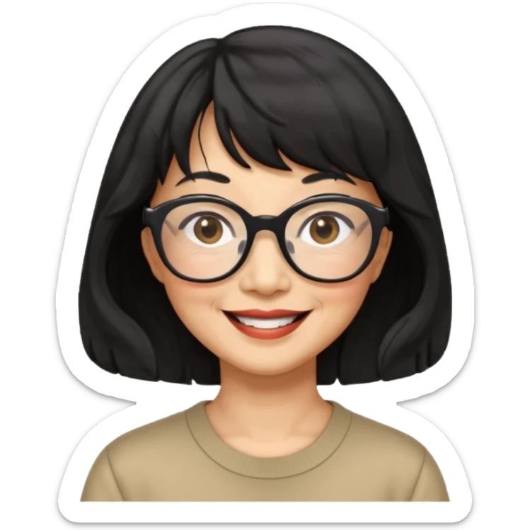 asian woman, 60 yr old, black wavy hair with bangs, big glasses  sticker