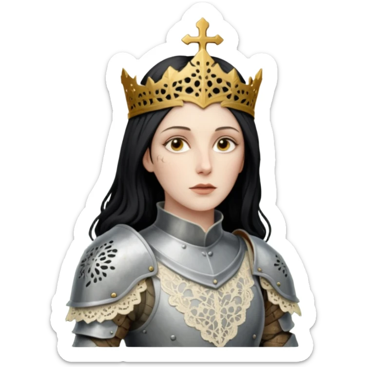 realistic cinematic actress Cher in Victorian lace styling like Joan of Arc dirty damaged armor in a forest sticker
