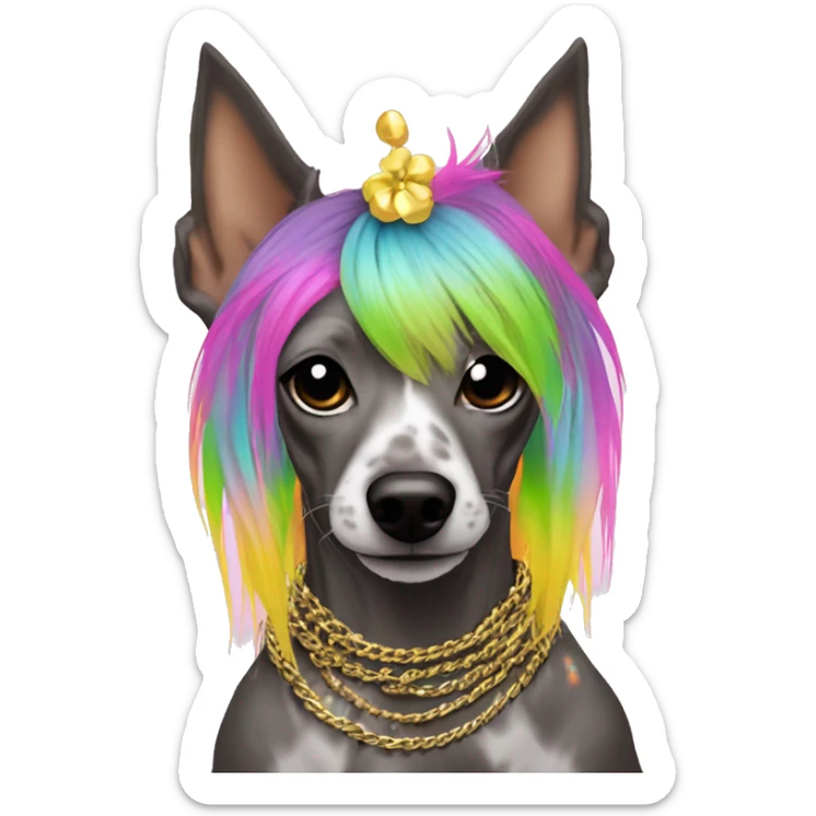 Punk Chinese crested dog neon rainbow hair gold chain punk piercings tattoos punk ear piercings sticker